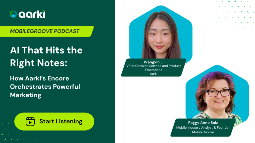 Podcast banner featuring Wangxin Li, VP of Decision Science & Global Ops at Aarki, and Peggy Anne Salz. The episode explores how Aarki Encore uses AI to optimize mobile marketing campaigns, from creative strategy to full-funnel automation.